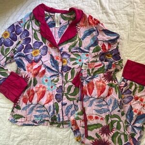 Anthropologie Pink and Green Floral Pajama Set
